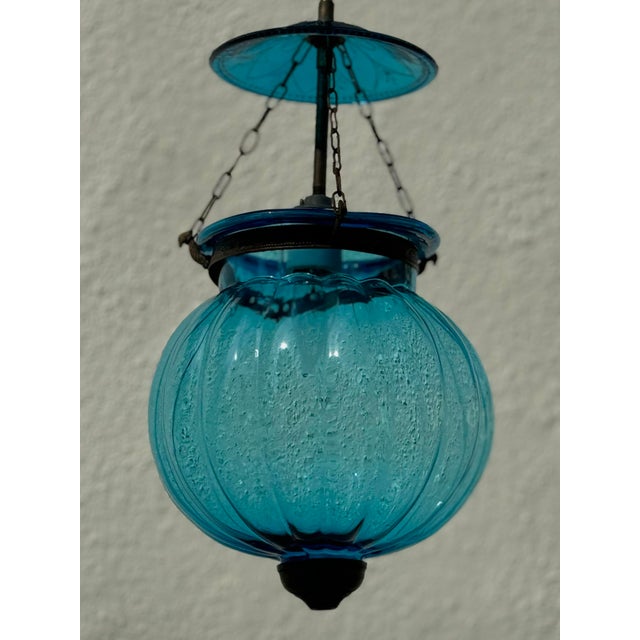 Rustic European Vintage Turquoise Blue Hundi Lantern, Electrified With Canopy For Sale - Image 3 of 7