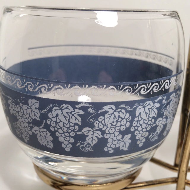 Blue Mid-Century Creamer and Sugar with Grape Design in Caddie For Sale - Image 8 of 11