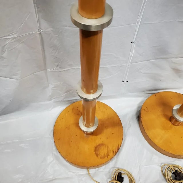 1940s Russel Wright Art Deco Hardrock Maple and Spun Aluminum Torchiere Floor Lamps - a Set of 2 For Sale - Image 9 of 13