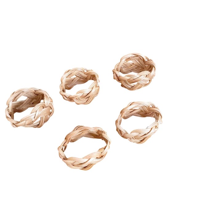 Vintage Woven Knot Bamboo Rattan Napkin Rings, Set of 5 For Sale - Image 4 of 4