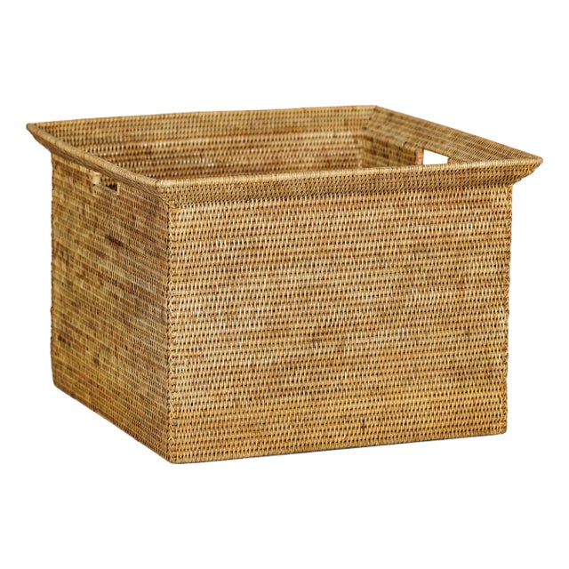 Vintage Country Style Rattan Storage Basket with Side Handles For Sale