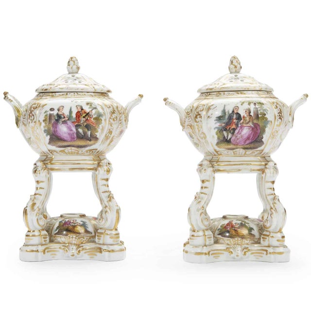 Pair of Antique German Porcelain Incense Burners, 1800s. A pair of rare German porcelain incense burners with romantic...
