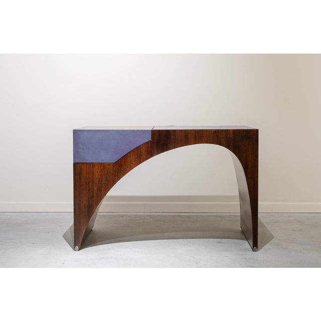 French Postmodern Dressing Table in Walnut Wood and Lilac Leather., 1980s For Sale - Image 16 of 16