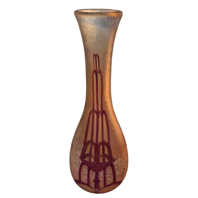 Art Deco 1920s Large Art Deco Enameled Glass Cameo Vase by Legras – Stylized Fountain Design (14.5 Inches) For Sale - Image 3 of 6