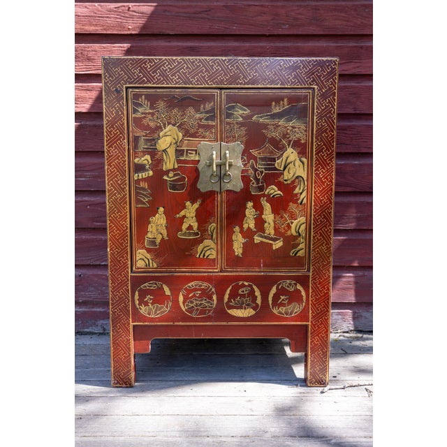 Late 19th Century Rare Pair of 19th Century Chinese Red Lacquer Chinoiserie Cabinets For Sale - Image 5 of 16