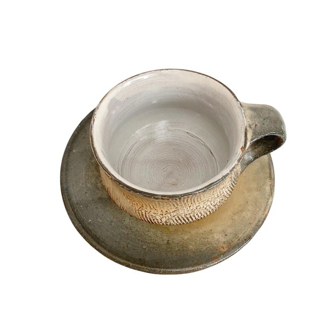1980s 1980s Handmade Ceramic Coffee Cup and Saucer Set, Wabi Sabi Studio Pottery Mug, Earthy For Sale - Image 5 of 7