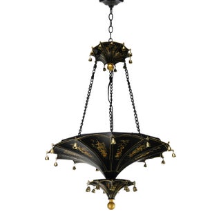 Vintage Tole Peinte Pagoda-Form Chandelier With Bell, Black/Gold, Chinoiserie Design, W/ Canopy For Sale
