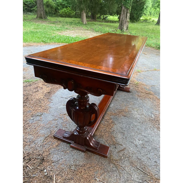 Wood Antique French Style Walnut Flip Top Game Table | Carved Pedestal Console Table | Renaissance Revival Sofa Table | Burl Walnut Entry Table For Sale - Image 7 of 13