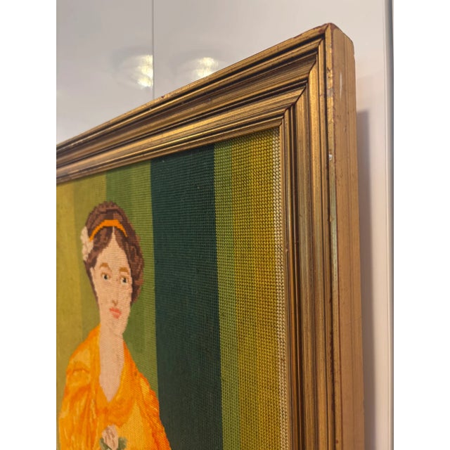 French Country Vintage Framed Needlepoint Portrait of Woman in Golden Dress For Sale - Image 3 of 12