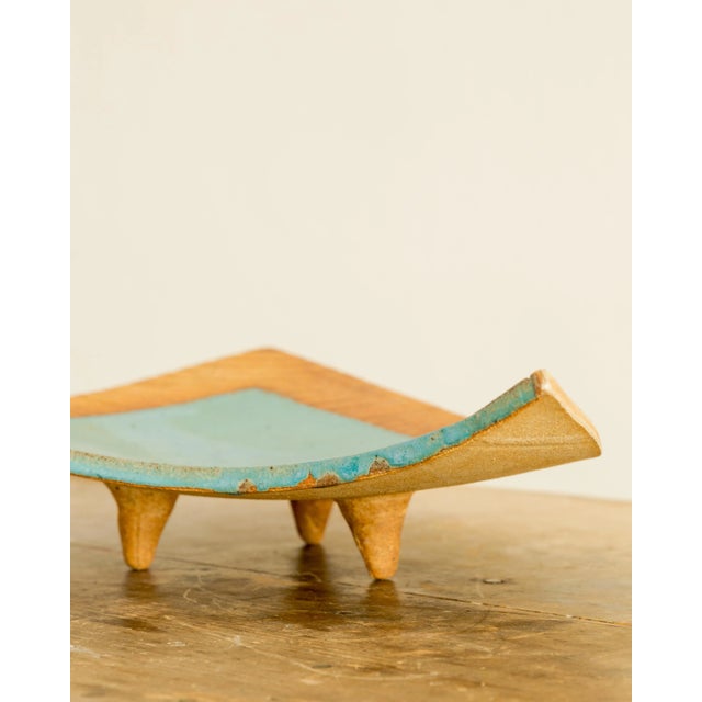 1950s Terra Cotta + Turquoise Glazed Footed Tray For Sale - Image 4 of 8