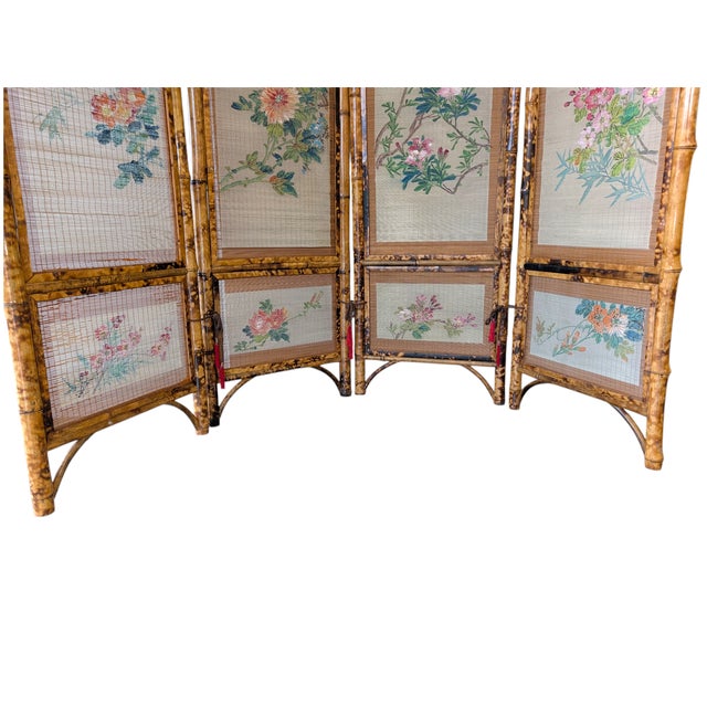 Wood Oriental Four-Panel Room Divider in Bamboo Wood, 1950s For Sale - Image 7 of 9