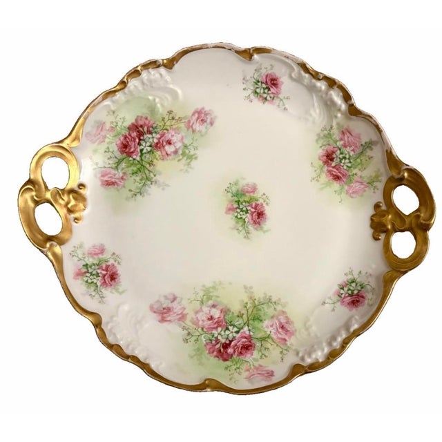 Limoges, France Antique 1900s Jean Pouyat Limoges Hand-Painted Handled Cake Plate - Pink Roses For Sale - Image 4 of 11