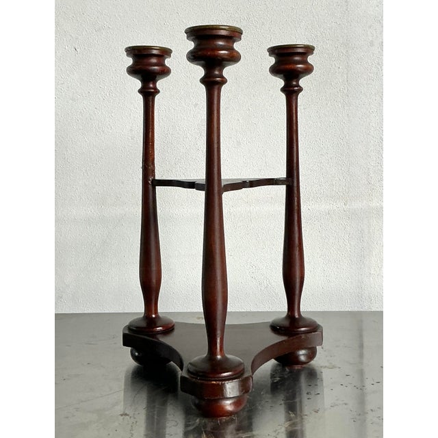 Vintage Boho Tripod Polished Mahogany Candlestick For Sale - Image 4 of 6