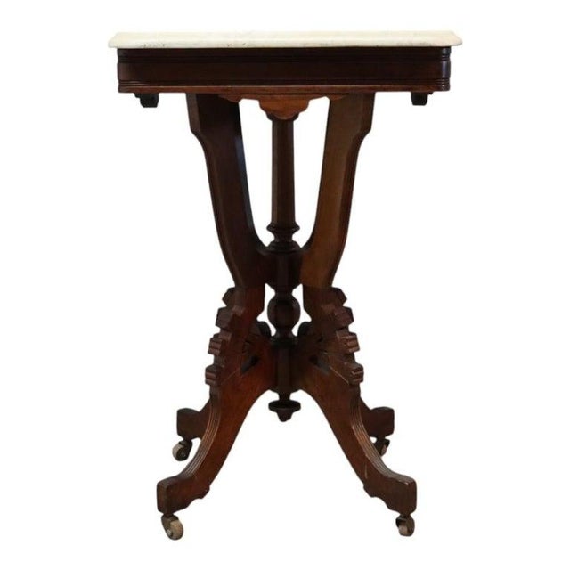 Antique Eastlake Carved Walnut Square Marble Top Table C1890 For Sale - Image 9 of 11