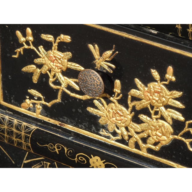 Vintage Oriental Chinese Chinoiserie Black Lacquer Cabinet W Drawers 2of2 For Sale - Image 16 of 18