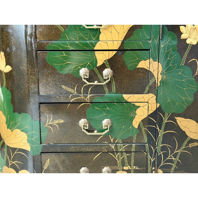 Vintage Mid-Century Modern Hand-Painted Asian Chinese Chinoiserie-Style Lacquered Oval Credenza Buffet Sideboard Cabinet For Sale - Image 17 of 18