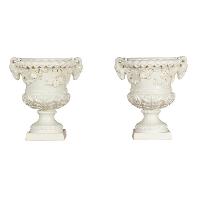 Pair of Blanc de Chine Midcentury Urns with Rams Heads and Ivy Leaves For Sale
