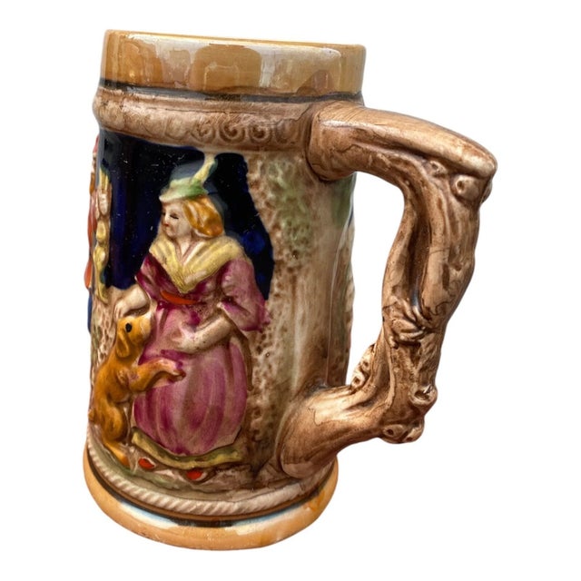 Vintage German Style Beer Stein Pair Lidded Ceramic Hand Painted Folk Scene Mug For Sale - Image 9 of 13