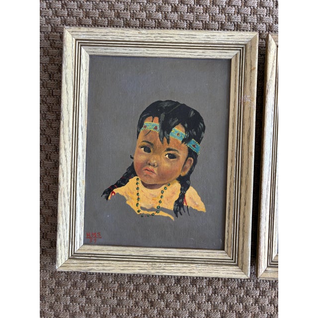 1950s 1950s Framed Pair of Original Oil Paintings, Young Native American Girls For Sale - Image 5 of 9