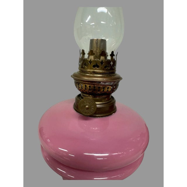 Pair of Antique Victorian Pink Opaline Art Glass Oil Lamp Fonts For Sale - Image 10 of 12