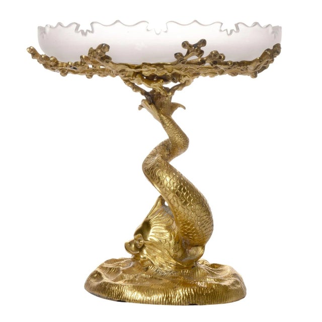 Italian 1960s Italian Gilt Dolphin Base & Frosted Glass Compote For Sale - Image 3 of 8