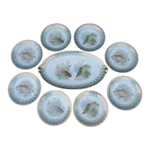 Antique Limoges Hand Painted Fish Platter & Dinner Plates 9 Piece Set