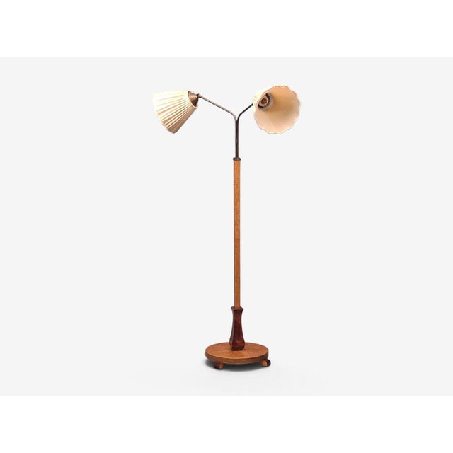 Swedish Art Deco, Double Floor Lamp, Burl Wood, Metal, Fabric, Sweden, 1940s For Sale In New York - Image 6 of 17
