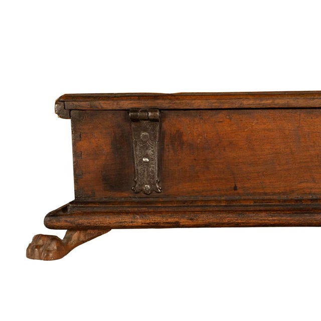 Antique Italian Baroque Walnut & Engraved Iron Jewelry Strong Box Cassone 1600 For Sale - Image 14 of 17