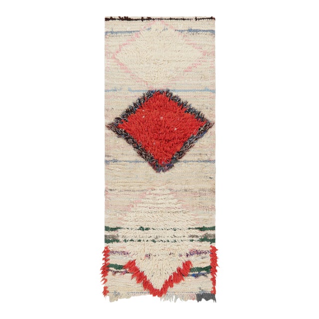 Vintage Moroccan Runner Rug With White and Red Diamond Medallions | Rug & Kilim For Sale