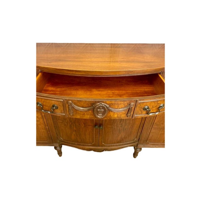Vintage c.1950's Drexel Flame Mahogany Serpentine Breakfront Buffet Credenza (D. 821-11 Wal) For Sale In Sacramento - Image 6 of 12