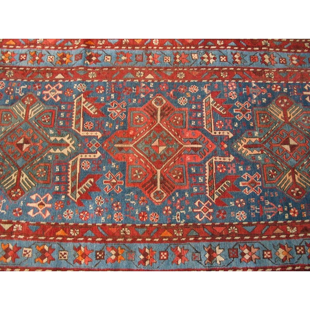 Traditional 1930s Blue Geometric Caucasian Akstafa Runner Runner Rug 3'7" X 11'3" Wool Handknotted Carpet For Sale - Image 3 of 5