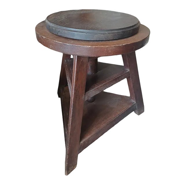 Vintage Oversized French Wooden Arts and Crafts Swiveling Stool For Sale