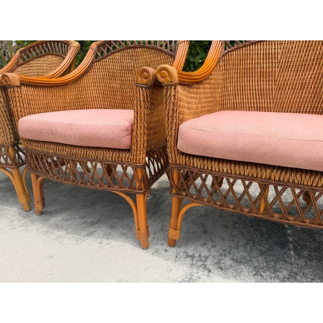 Brown Vintage Palecek Wicker Dining Armchairs With Cushions – Set of 4 For Sale - Image 8 of 18