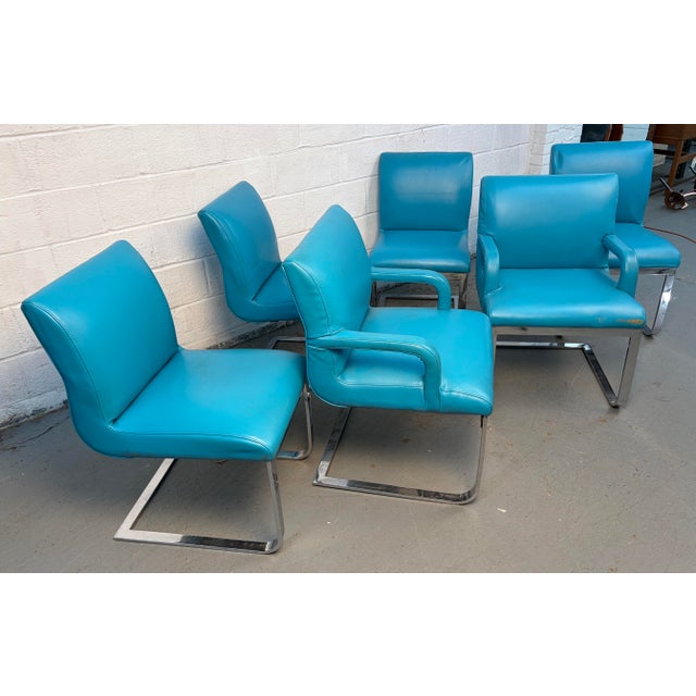 Vintage Blue Vinyl Flat Bar Chrome Dining Chairs - Set of 6 For Sale - Image 4 of 17