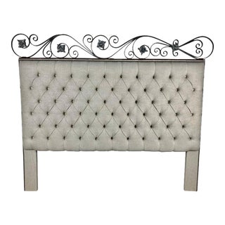 King Size Linen Upholstered Wrought Iron Scrolled Headboard For Sale