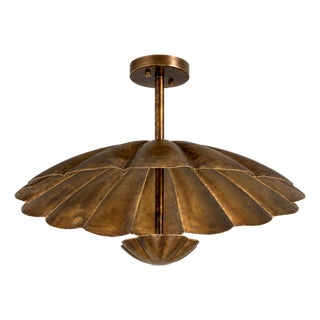 Vintage Brass Floral Ceiling Light, Handmade Lotus Petal Semi Flush Mount Fixture, Antique Brass Scalloped Ceiling Lamp for Bedroom Hallway For Sale