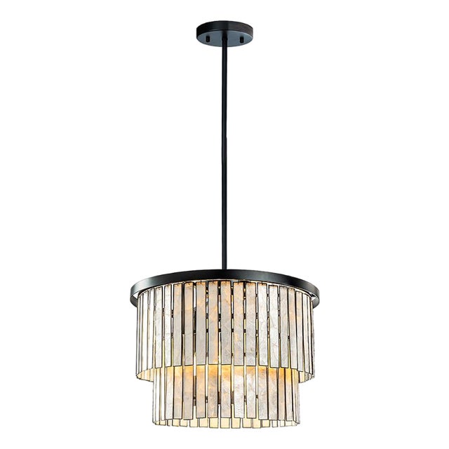 Aloadecor Matte Black Coastal Natural Capiz Round Chandelier 5-Light Modern Pendant Fixture For Sale