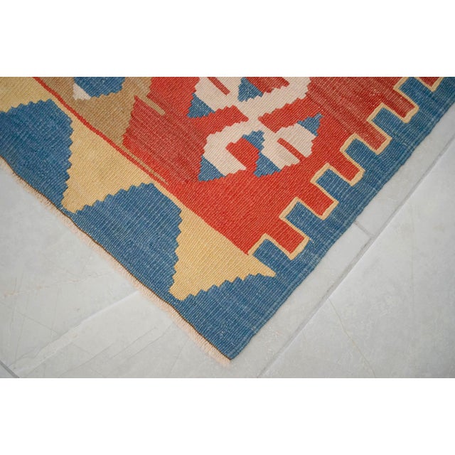 Flat Weave Kilim Rug, Vintage Oushak Rug Village Wool, Red Gold Blue Geometric, 3x4 Ft Approx For Sale - Image 10 of 16