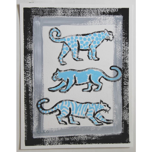 Cleo Plowden Tiger Leopard Panther Blank & White Blue Gray Minimalism Folk Art Expressionism Original Painting by Cleo Plowden For Sale - Image 4 of 4
