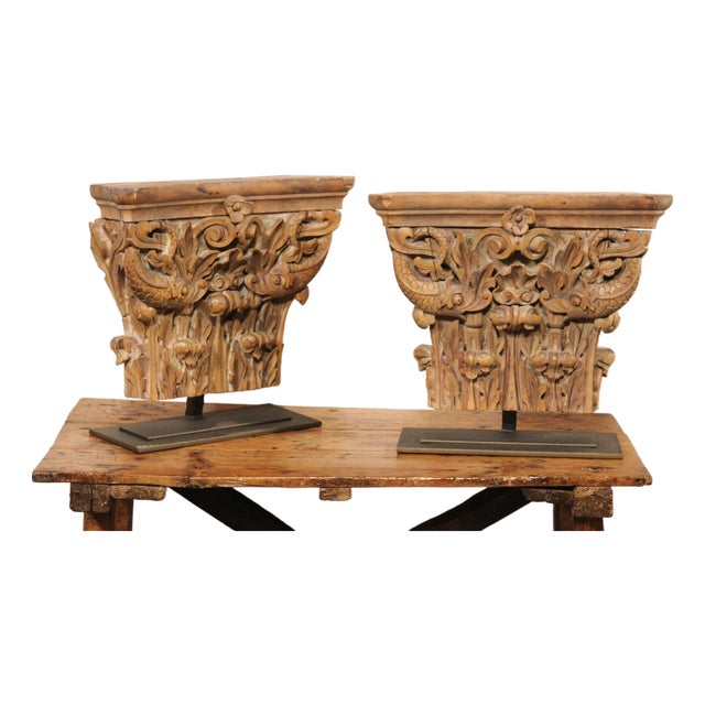 Italian Antique Wood Fragments on Stands - A Pair For Sale