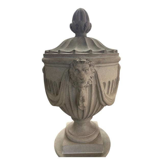 Stone Pair of Neo-Classical Style Cast Stone Garden Urns and Pedestals For Sale - Image 7 of 12