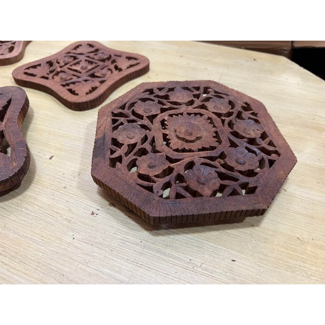 Boho Chic 1970s Collection of Bohemian Wooden Coasters- Set of 5 For Sale - Image 3 of 4