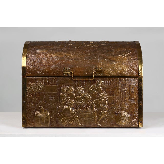 Goldenrod Large Chest with Sculpted Copper Relief, Belgium, 1930s For Sale - Image 8 of 13