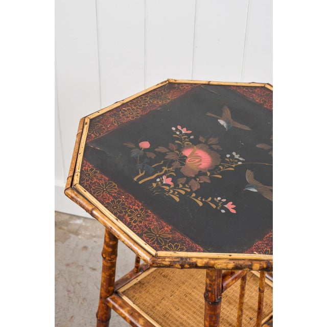 19th Century 19th Century Aesthetic Movement Octagon Tiger Bamboo Two-Tier Side Table With Lacquered Top For Sale - Image 5 of 10
