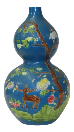 Chinese Matte Cyan Blue Ceramic Scenery Graphic Painting Gourd Vase Ws804