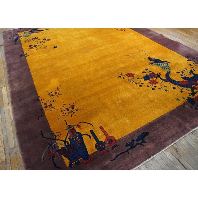 Fabulous Yellow Background and Purple Mauve Color Border With Animalistic Design Antique Chinese Art Deco Rug For Sale In New York - Image 6 of 7
