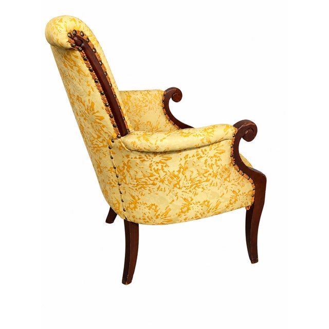 Vintage Wingback Lounge Chair With Solid Wood Frame & Yellow Damask Upholstery For Sale - Image 4 of 9