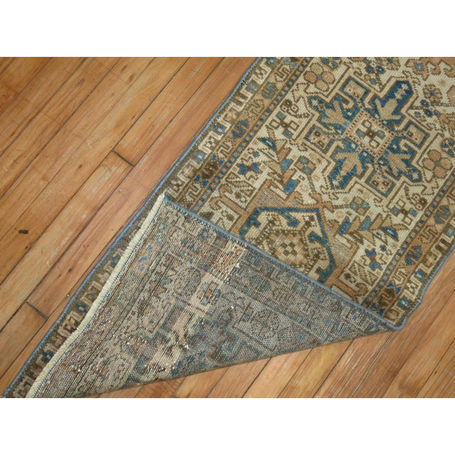 Late 20th Century Narrow Rustic Persian Heriz Runner Ivory Brown Blue Tones For Sale - Image 4 of 6