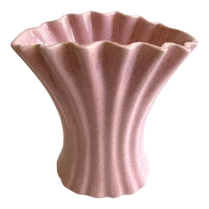 Vintage 1950's Mid Century Modern Bauer Art Pottery Pink Speckled Art Deco Fluted Large Flower Vase