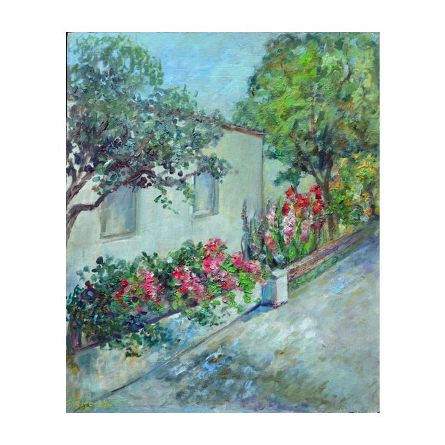 Charming mid century painting of Carmel stucco cottage and with gladiolas and Geraniums in planting beds by listed artist...